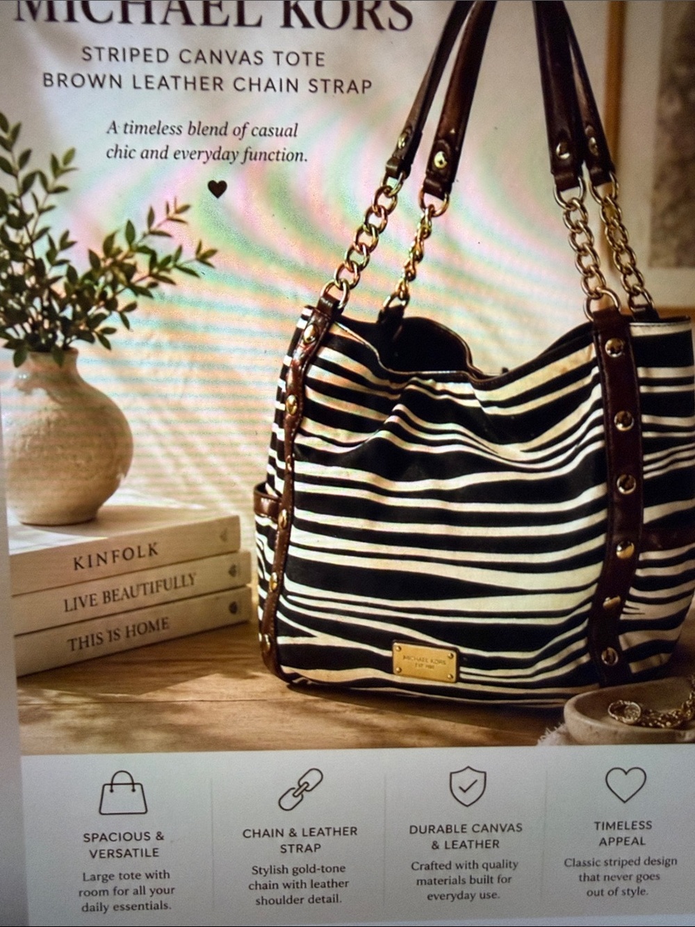 Michael Kors Black and White Striped Canvas Tote with Brown Leather Chain Straps